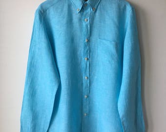 Mens linen shirt Long Sleeve Button Up Shirt Party Shirt chambray Linen summer Shirt Turquoise blue wedding shirt unisex mens L chest 44"