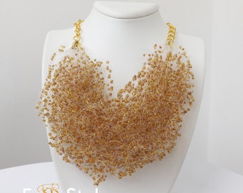 Beige jewelry bridal jewelry crochet necklace yellow necklace beaded necklace boho necklace gift for her autumn necklace romantic gift cute