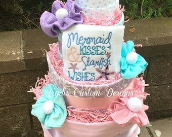Mermaid Diaper Cake, Baby Girl Diaper Cake, Mermaid Kisses Starfish Wishes, Burp Cloth Diaper Cake, Table Centerpiece, Baby Shower Gift