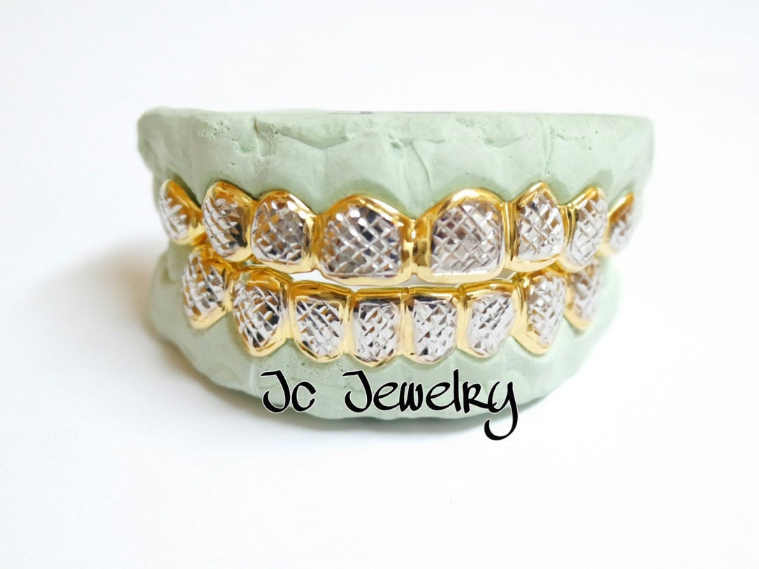 8 Top & 8 Bottom Gold Grill 2 Tone Gold Grillz With Diamond