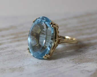 Vintage 14K Large Blue Topaz ring, 23 ct, size 6 1/2, yellow gold, statement ring, November Birthstone, 4th anniversary gift, estate jewelry