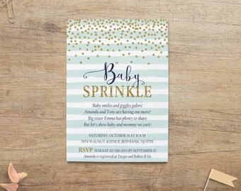 Baby Sprinkle Invitation Boys, Boy Baby Sprinkle Invites, Blue Gold, Light Blue Stripe Invitations, Printable Suite, PDF, GB Digital Invites