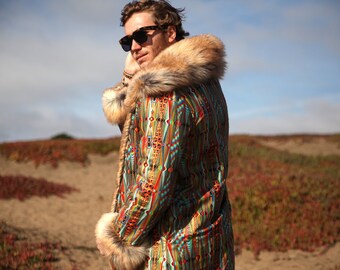 Golden Pharaoh Fur Coat Fake Reversible Men's Playa Eco Tribal Man Woman Faux Custom Festival Burning Red Colors Costume Fashion