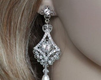 Vintage Inspired Art Deco Crystal Rhinestone and Pearl Dangle Bridal Earrings, Bridal, Wedding (Pearl-185)