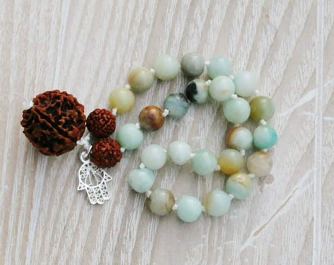 Hiresh small dark Mala, 27 + 1 Beads, Rudraksh Guru Bead, Hamsa Hand, Japa Mala, Jewels, Yoga, Yoga Yoga Mala Gift