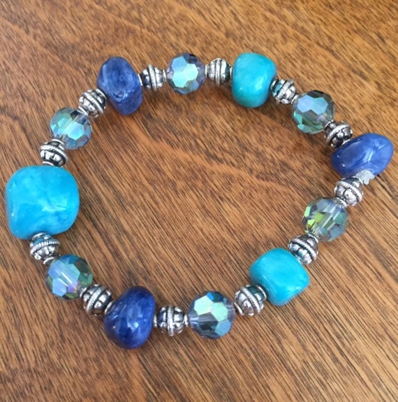 Items similar to Stretch Bracelet - Turquoise and Blue colored howelite ...