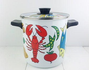 Vintage 1960s San Ignacio Lobster Vegetables Enamelware Small Stock Pot