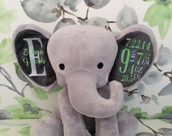 Personalized Birth Elephant, Personalized Stuffed Animal, Baby Shower Gift, New Mom