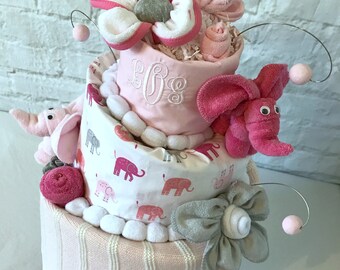 Elephant diaper cake Baby shower centerpieces Baby shower decor Pink and gray elephant baby shower Monogrammed baby gift Pottery barn harper