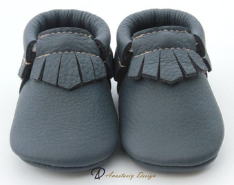 Baby Moccasins, Genuine Leather Baby Moccs, Dark Grey Fringe Leather Baby Moccasins, Baby Boy Moccasins, Toddler Moccasins, Baby boy shoes