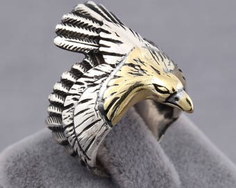 Golden Eagle 3D Handmade Jewelry Men's Ring 925 Sterling Silver Open End Size Adjustable