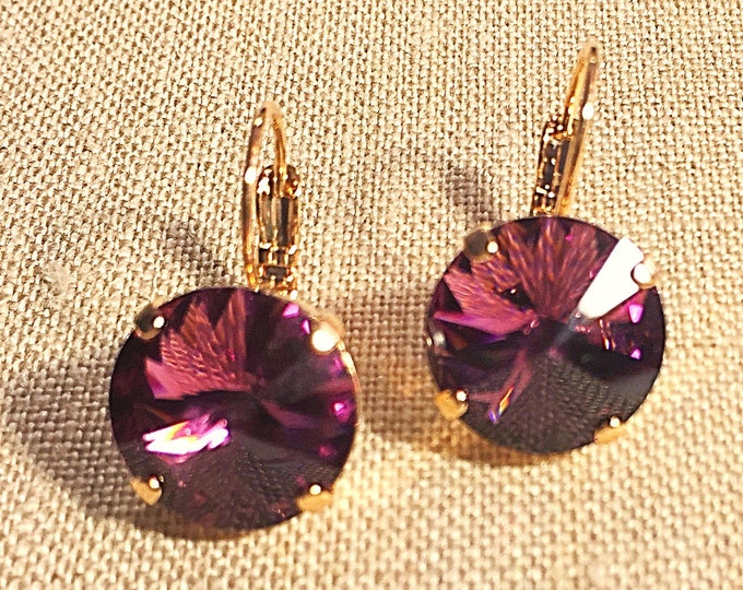 Sparkly amethyst purple Swarovski crystal rivoli dangle elegant drop earrings with rose-gold plated prong settings and lever-back closures
