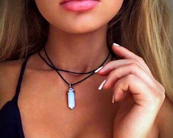Crystal Choker Leather Cord Necklace | Opal Amethyst Onyx Turqoise