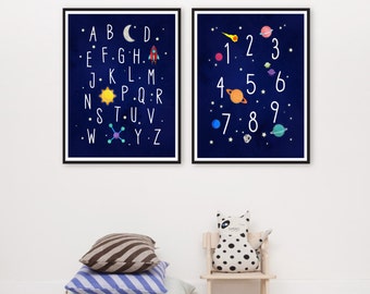 Outer Space Nursery Alphabet and Numbers Wall Art Rocket Ship Nursery Print Set Space Kids Art Prints Playroom ABC Printable Alphabet Poster