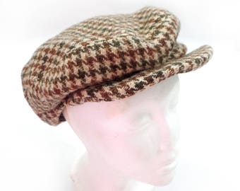 Vintage Donegal handwoven tweed hounds tooth newsboy hat, vintage wool hat, size medium