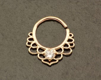 14K Rose Gold Plate Lotus Septum Ring. 16 Gauge Daith Piercing. Golden 16G Rose Nose Ring. Cartilage Hoop. Twist Bendable Hoop Septum.