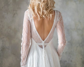 Long Sleeve boho wedding dress, bohemian wedding dress, lace wedding dress, backless wedding dress, boho bridal gown, bridal dress