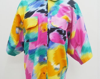 Vintage CRISIS Made In France Multicolor Oversized Button Down Blouse Size 44