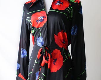 Vintage 70s Floral Dress / Vintage Poppy Pattern Long Dress / Collared Wrap Dress Women's Vintage 1970s Dress / Vintage Clothing