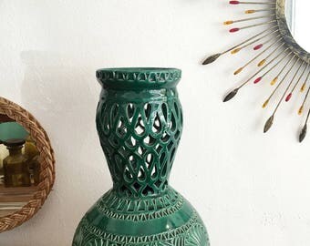 Vintage Open-Work Ceramic Vase Emerald Green Signed Stamped / Vase en Céramique Ajourée Vintage Vert Émeraude Estampillé