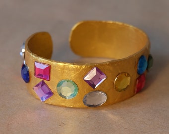 Gold paper mache cuff with rhinestones, bling statement bracelet, shiny carnival jewelry