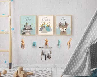 Woodlands Nursery, 3 printable set, Forest Animal Set, of 3 print, Nursery Art, Forest Friends, Nursery Forest Decor, Deer Racoon, Mountains