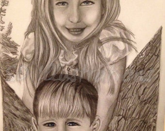 Pencil portrait-sibling portrait-family portrait-portrait from photo-personalize portrait-kid portrait-mothers day from kids