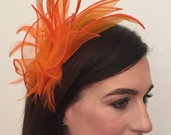 Alicia Orange Organza and Feather Fascinator on Headband Bridal Prom Races Race Day Wedding Hair Piece