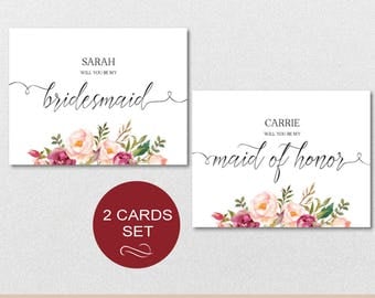 Will you be my Bridesmaid Proposal Card + Will you be my Maid of Honor Card set, Printable Editable PDF-Download Instantly| VRD715BSF