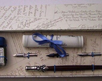 Calligraphy set-LILIE-with 3 x ink, wood pen with Tin handle and storage