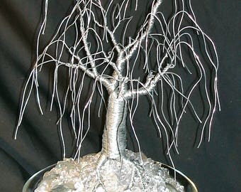 WINTER "2", Wire Tree Sculpture, in round solid glass base