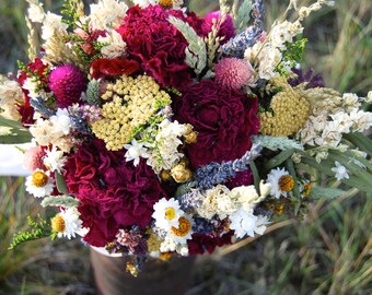 Romantic Montana Brides Fall Wedding Bouquet Lavender and Burgundy Peonies, Dried Flowers, Grasses and Grains