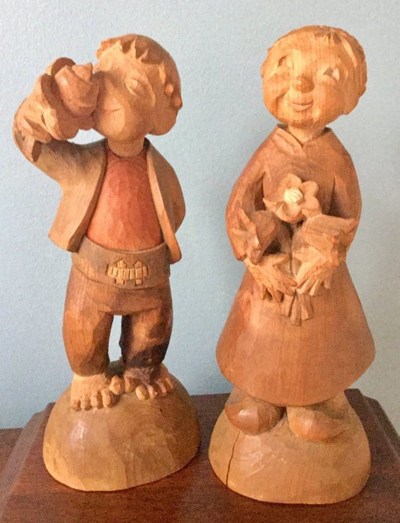 Pair Vintage Tirol Austria Wood Carving Figurines SWEET Boy