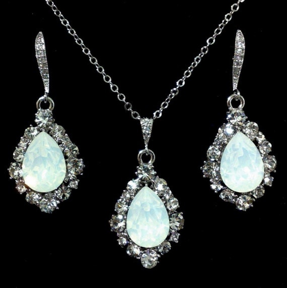 White Opal Bridal Jewelry Set Dangle Bridal Earrings by YJDesign