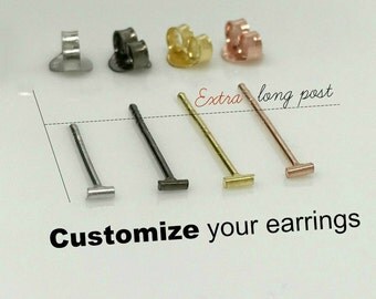 Extra long post earrings, tiny bar stud earrings, thick earlobes, large earlobes, custom ear post length, fat earlobe earrings, 464 custom
