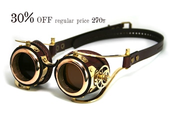 STEAMPUNK GOGGLES brown leather polished brass gear FLEX Solid Frames