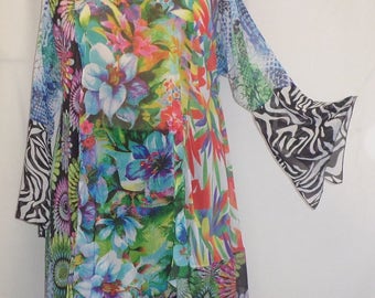Coco and Juan, Plus Size Tunic, Lagenlook, Mixed Print Chiffon, Asymmetrical Plus Size Tunic Top, Size 1 (fits 1X,2X) Bust 49 inches