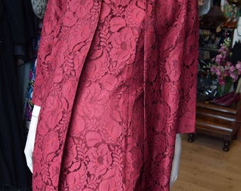 Carnegie London, 1950's Red Lace Dress and Matching Coat,Bust 42-44" waist 36-38"