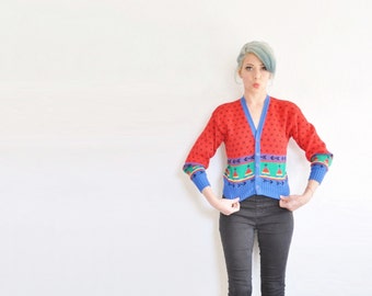 novelty teepee knit sweater . 1980 kitsch cowboy indian cardigan .small .sale