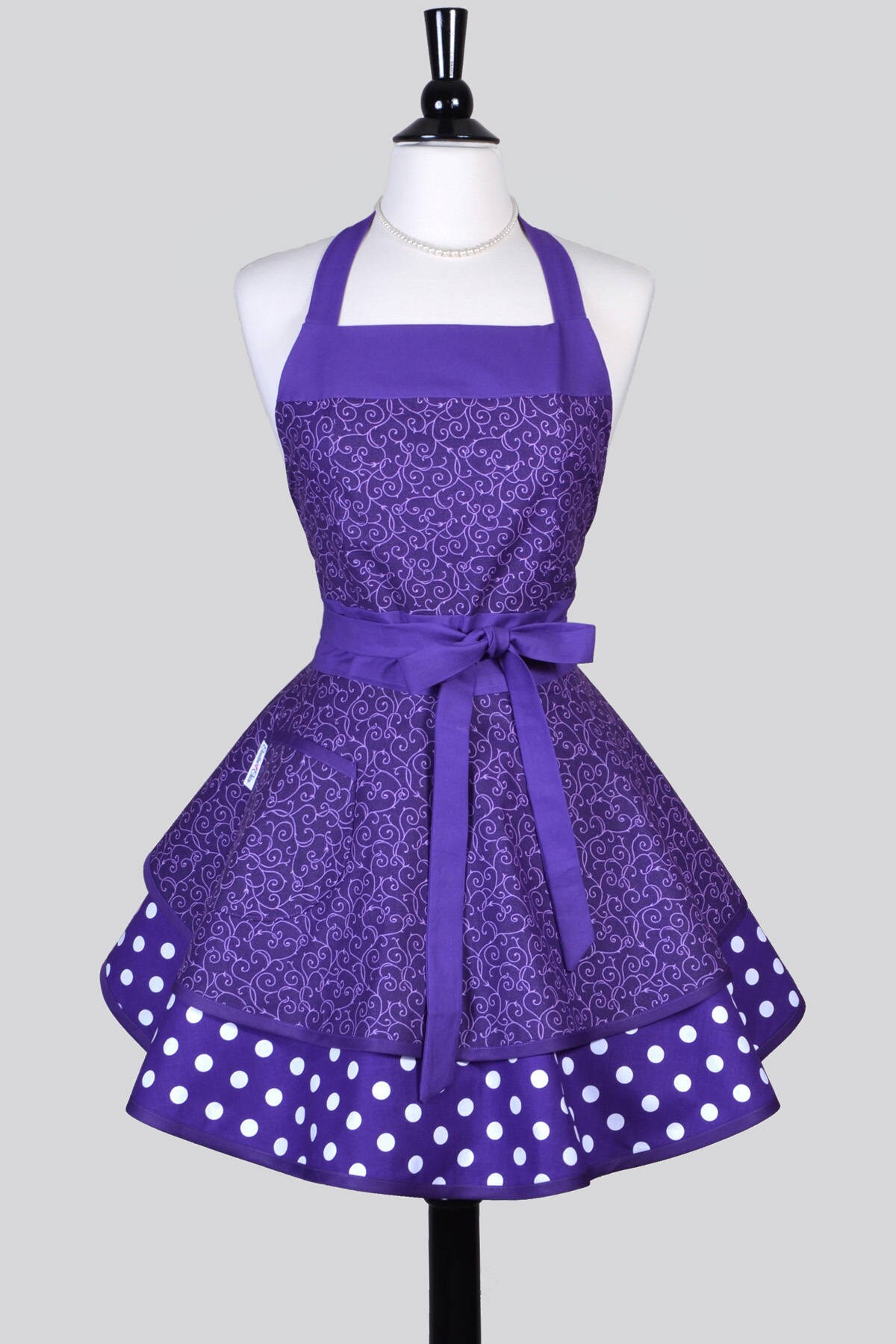 Ruffled Retro Pinup Apron Purple Lilac Scroll Womans Cute
