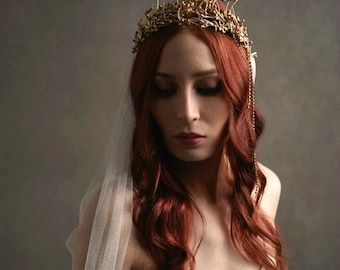 Gold bridal crown, ivory wedding veil, gilded wedding headpiece, cathedral length veil, golden tiara, circlet, hair accessories - Celeste