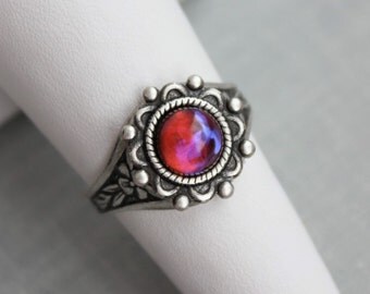 Dragons Breath Mexican Fire Opal Ring. Antique Silver or Antique Brass