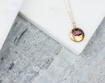 Small Owl Locket, Owl Necklace, Yellow and Gold Owl Jewelry, Colorful Image Transfer, Owl, Gold Necklace