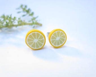 Lemon Stud Earrings, lemon earrings, sliced lemon jewelry, food earrings, gift yellow polymer clay food jewelry fruit cute lemons miniature