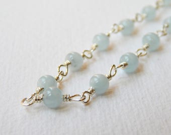 Aquamarine Necklace - Sterling Silver Rosary Necklace Beaded Necklace Aquamarine Beads Rosary Chain Beadwork Necklace March Birthstone