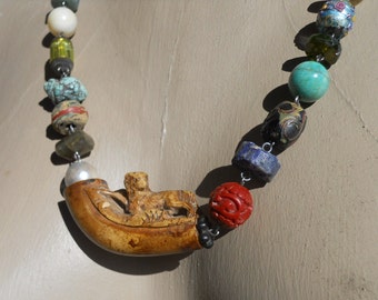 Loyalty Antique Bone Dog Pipe Tribal Assemblage Necklace