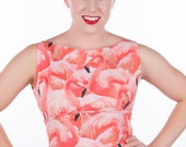 50's style Pink Ladies Dress, Flamingo, coral, kitsch, Pinup, vintage reproduction, novelty print