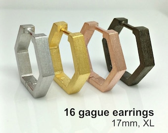 16 gauge hexagon cartilage hoop earrings, 16G earrings, extra large cartilage conch hoop earrings, men's cartilage gauged, E250XL 16G