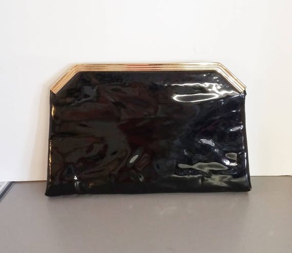Vintage Purse Black Patent Leather Vinyl Clutch w Optional Skinny Strap Gold Frame 60's 70's Fashion Handbag Retro Art Deco