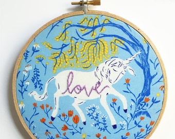 Modern Hand Embroidery Hoop Art. Unicorn Art. Embroidered Hoop. Nursery Decor. Light Blue, Floral Unicorn Embroidery. Stitched Text.